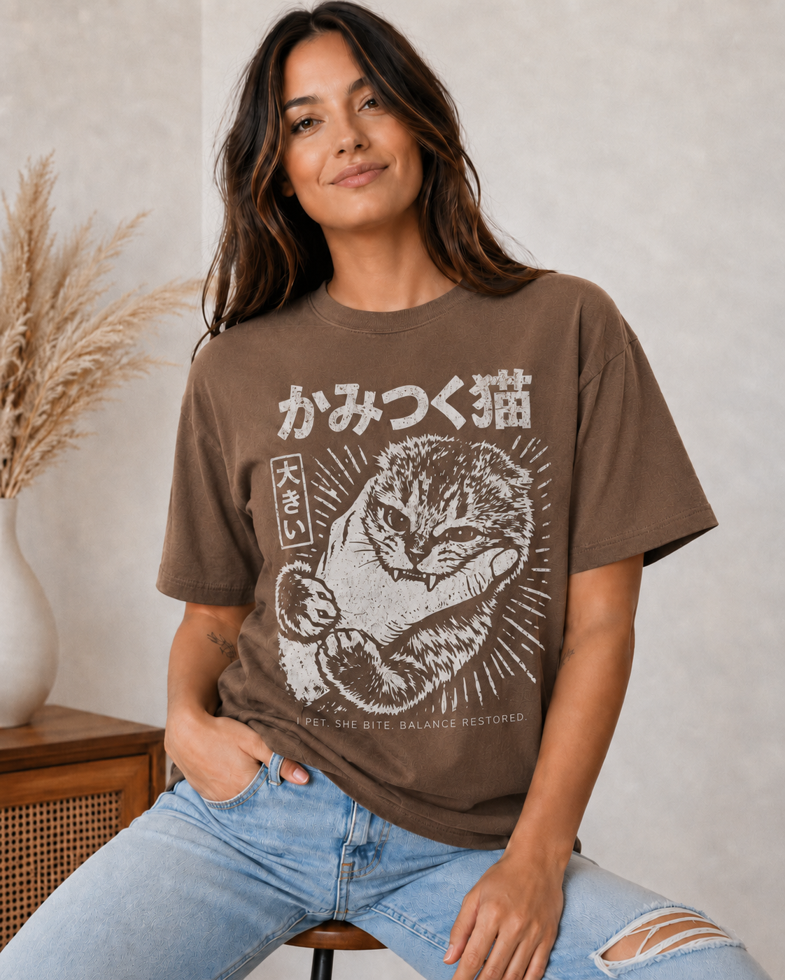 Japanese Cat Bite Shirt – Anime Streetwear Graphic Tee