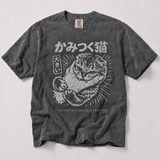 Japanese Cat Bite Shirt – Anime Streetwear Graphic Tee
