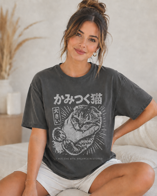 Japanese Cat Bite Shirt – Anime Streetwear Graphic Tee