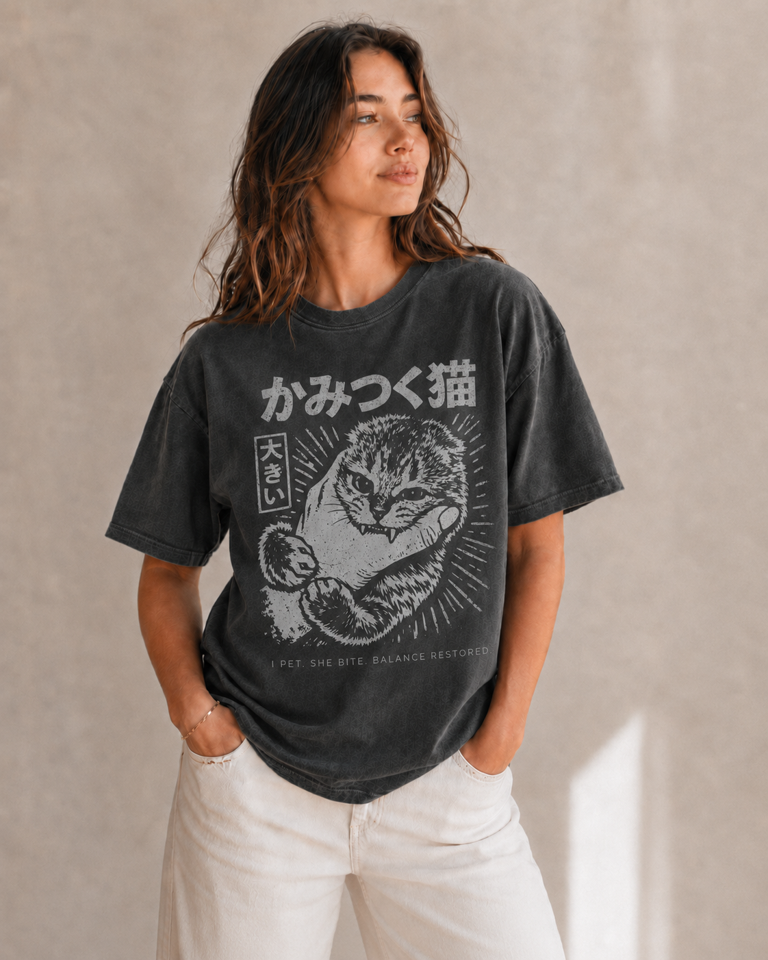 Japanese Cat Bite Shirt – Anime Streetwear Graphic Tee