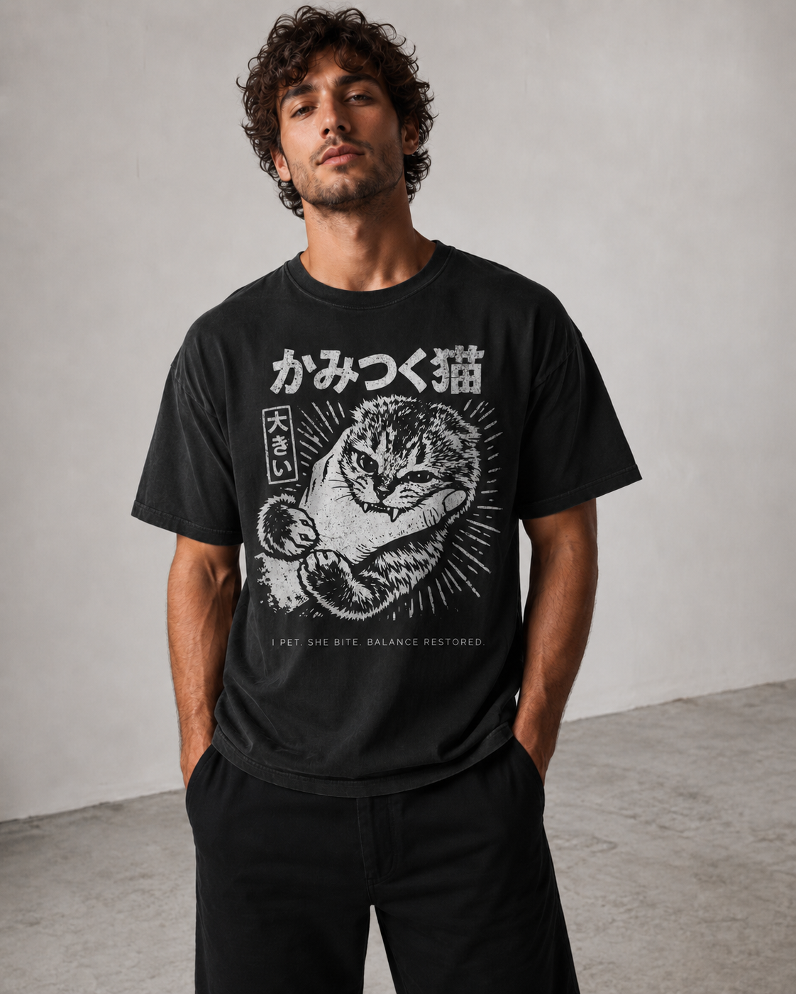 Japanese Cat Bite Shirt – Anime Streetwear Graphic Tee