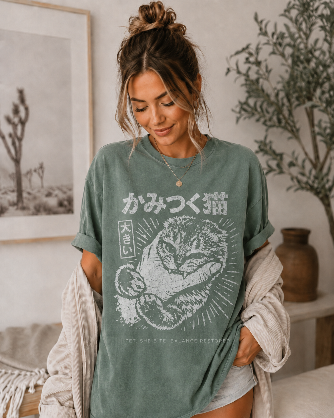 Japanese Cat Bite Shirt – Anime Streetwear Graphic Tee